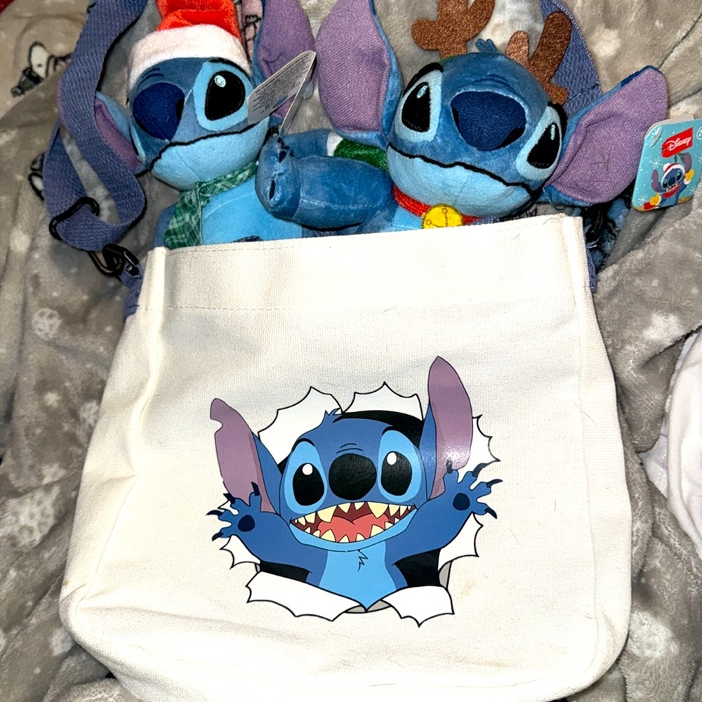 2 Holiday Stitch Plush in a little tote bag with adjustable strap & handles!